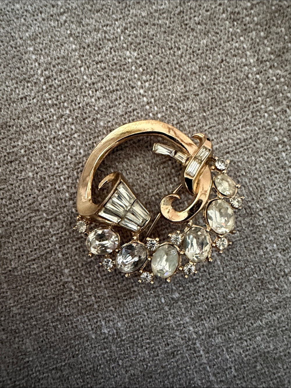 Trifari Gold-Tone Clear Crystal Wreath Brooch